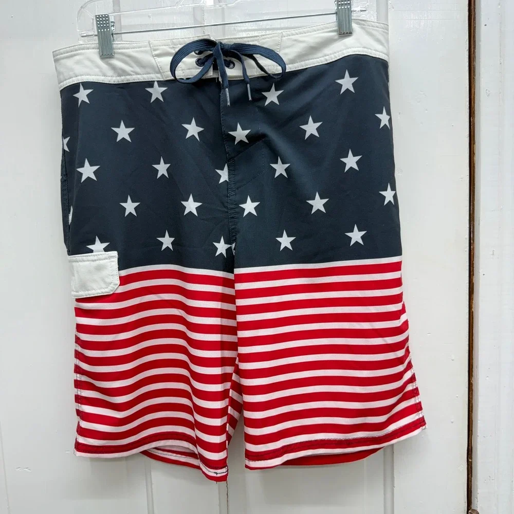 Carbon Red White Blue American Flag Board Shorts‎ Swim Trunks Swimsuit Men's 32